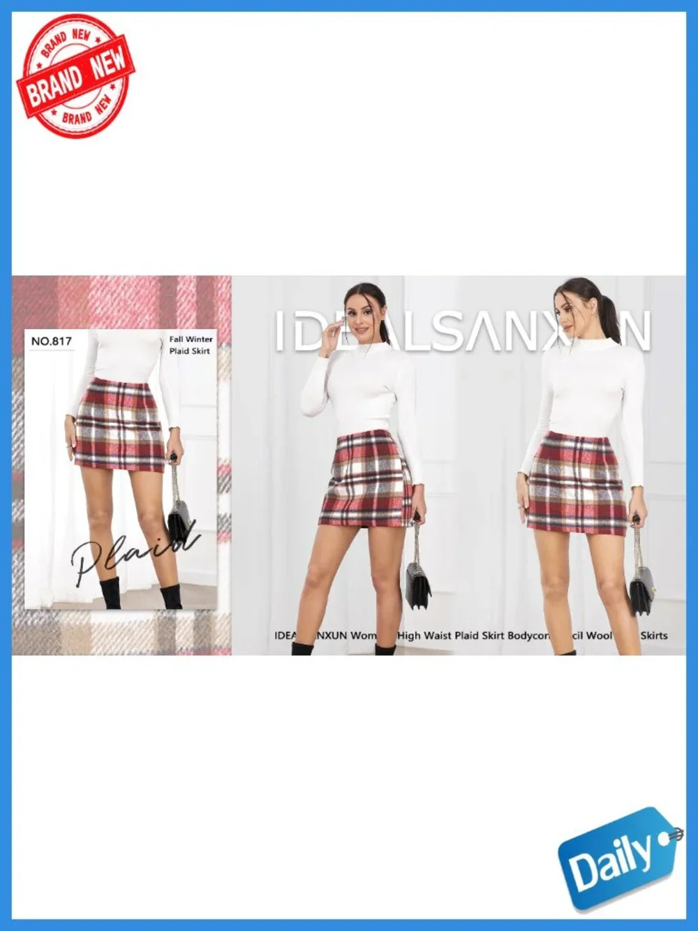 High Waist Plaid Pencil Skirt Side Zipper Mini Wool Skirt